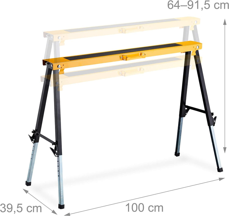 Relaxdays Klappbock, 2er Set, faltbarer Gerüstbock, bis 100kg, Griff, 12-fach höhenverstellbar 64-91