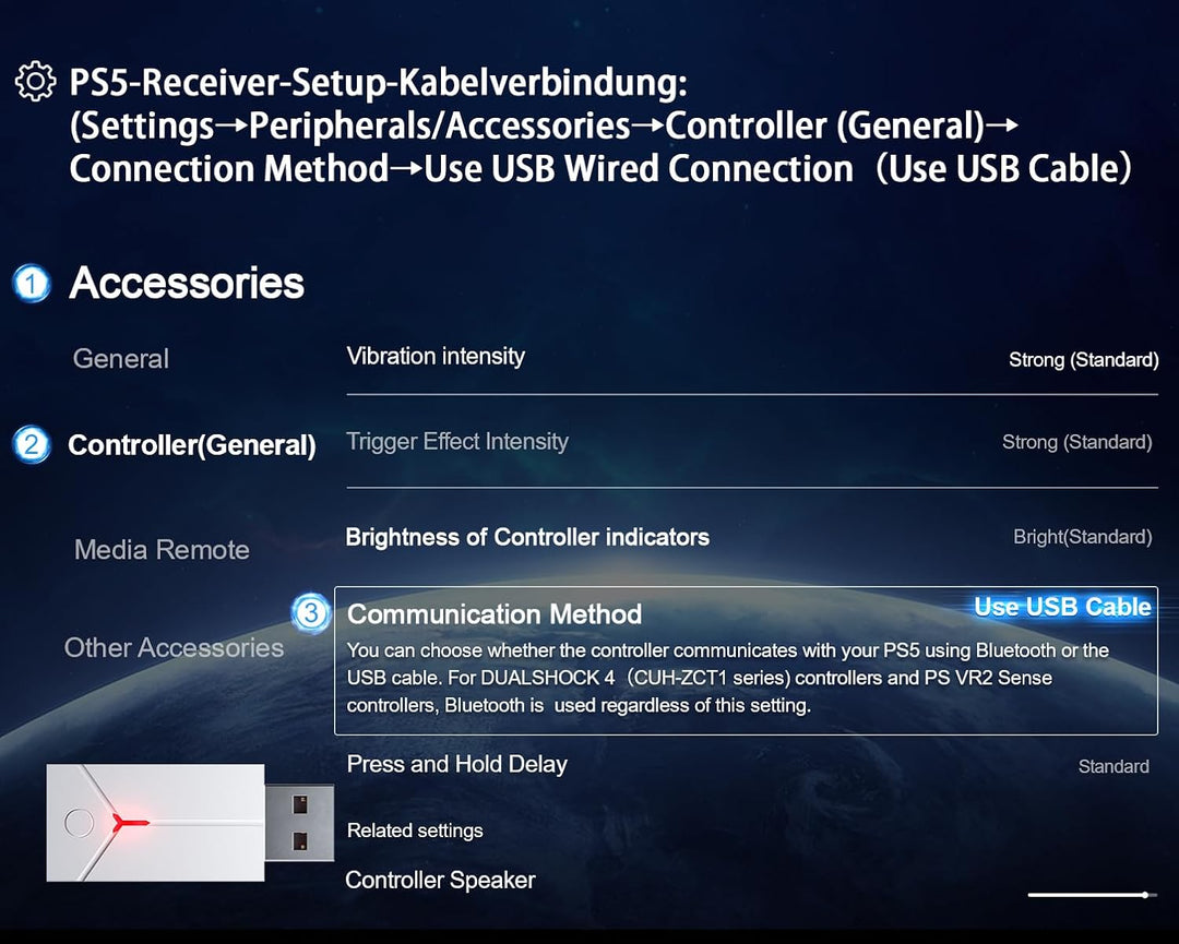 Kabelloser Controller with Adapter für PS5 Game LED Dual-Motor-Vibration/6-Achsen-Sensor/Turbo/3,5-m