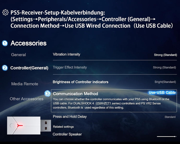 Kabelloser Controller with Adapter für PS5 Game LED Dual-Motor-Vibration/6-Achsen-Sensor/Turbo/3,5-m