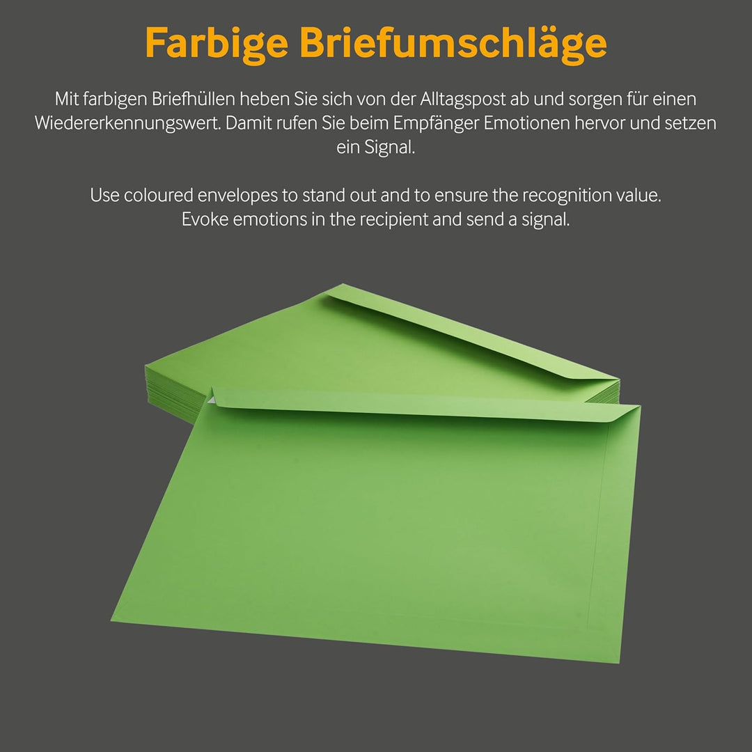 50 Stück, Farbige Briefumschläge, DIN C4, Haftklebung mit Abziehstreifen, Gerade Klappe, 130 g/qm Co