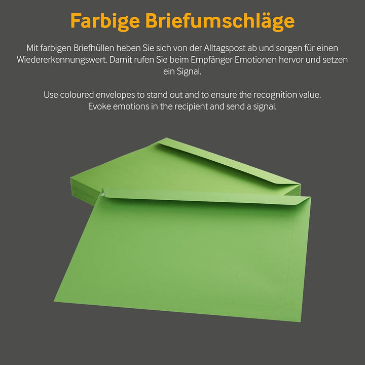 50 Stück, Farbige Briefumschläge, DIN C4, Haftklebung mit Abziehstreifen, Gerade Klappe, 130 g/qm Co