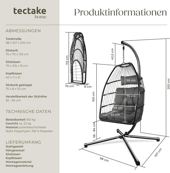 tectake® Hängesessel mit Gestell, Dicke Kissen, Möbel, Deko für Wohnzimmer, Jugendzimmer, Balkon, Ou