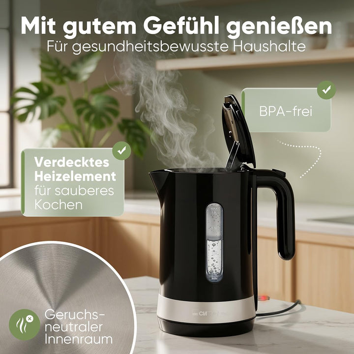 Clatronic® Wasserkocher 1,8L | 2200W für schnelles Erhitzen | BPA frei | Einhandbedienung | Wasserst
