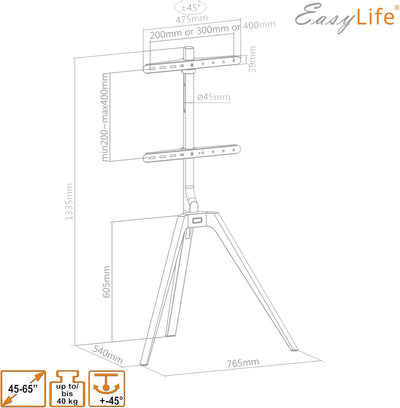 EasyLife - TV Stativ Holz Staffelei Tripod - Studio TV Stand bis 65'' Zoll & 40 kg Fernseher / Monit