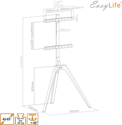 EasyLife - TV Stativ Holz Staffelei Tripod - Studio TV Stand bis 65'' Zoll & 40 kg Fernseher/Monitor