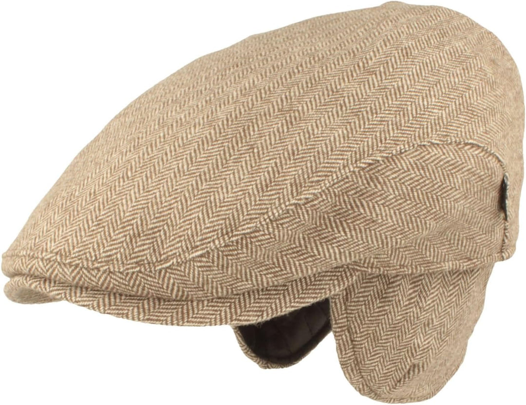 Breiter Herren Winter Schiebermütze mit Ohrenklappen Flatcap Schirmmütze 100% Wolle mit ausklappbare