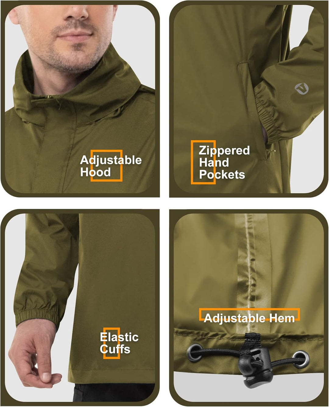 Outdoor Ventures Herren Regenjacke Wasserdichter Pullover mit Kapuze Packbare Reflektierende Jacke L