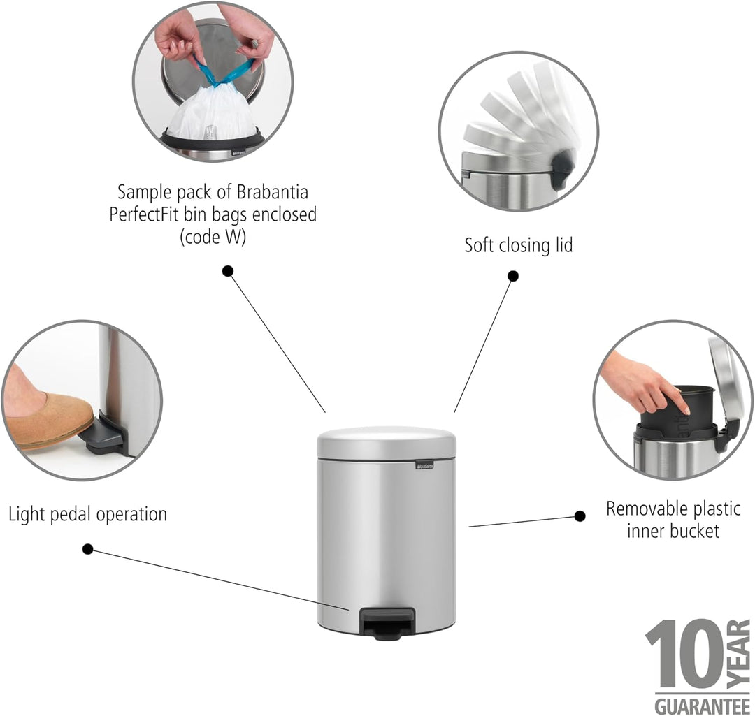 Brabantia 112904 Treteimer mit Inneneimer aus Kunststoff, stahl, Metallic Grau, 5 Liter 5 Liter Meta