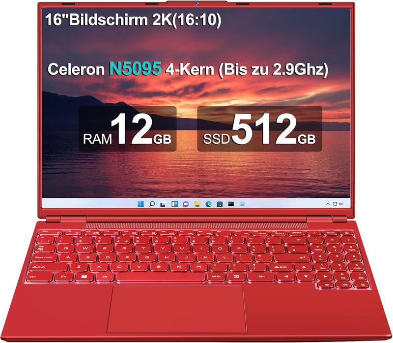 AOCWEI Laptop 16 zoll 12GB RAM 512GB ROM Erweiterungen 2,5" 1 TB SSD, Laptop Win 11 mit 4-Core CPU N