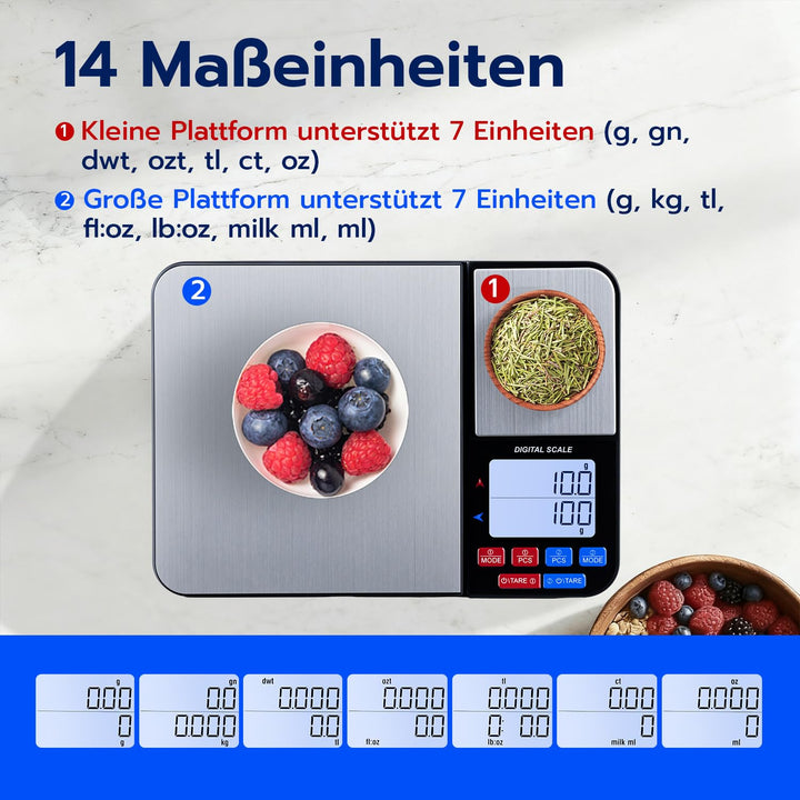 Mcbazel Digitale Küchenwaage mit Doppelplattform, Wiederaufladbare Präzisionswaage 10kg/1g & 500g/0.