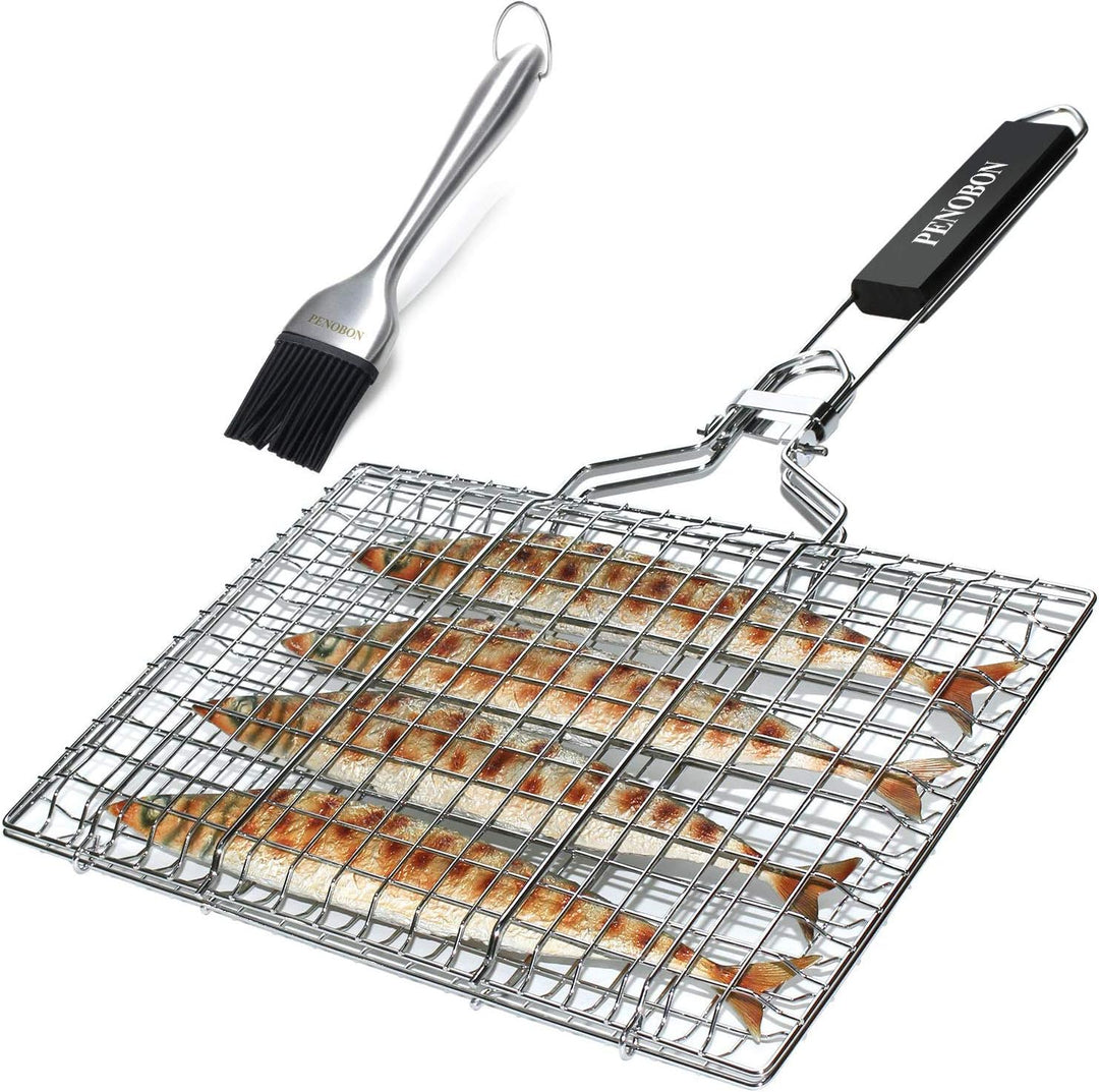 penobon Fisch-Grillkorb, faltbar, tragbarer Edelstahl-Grillkorb für Fischgemüse, Garnelen mit abnehm