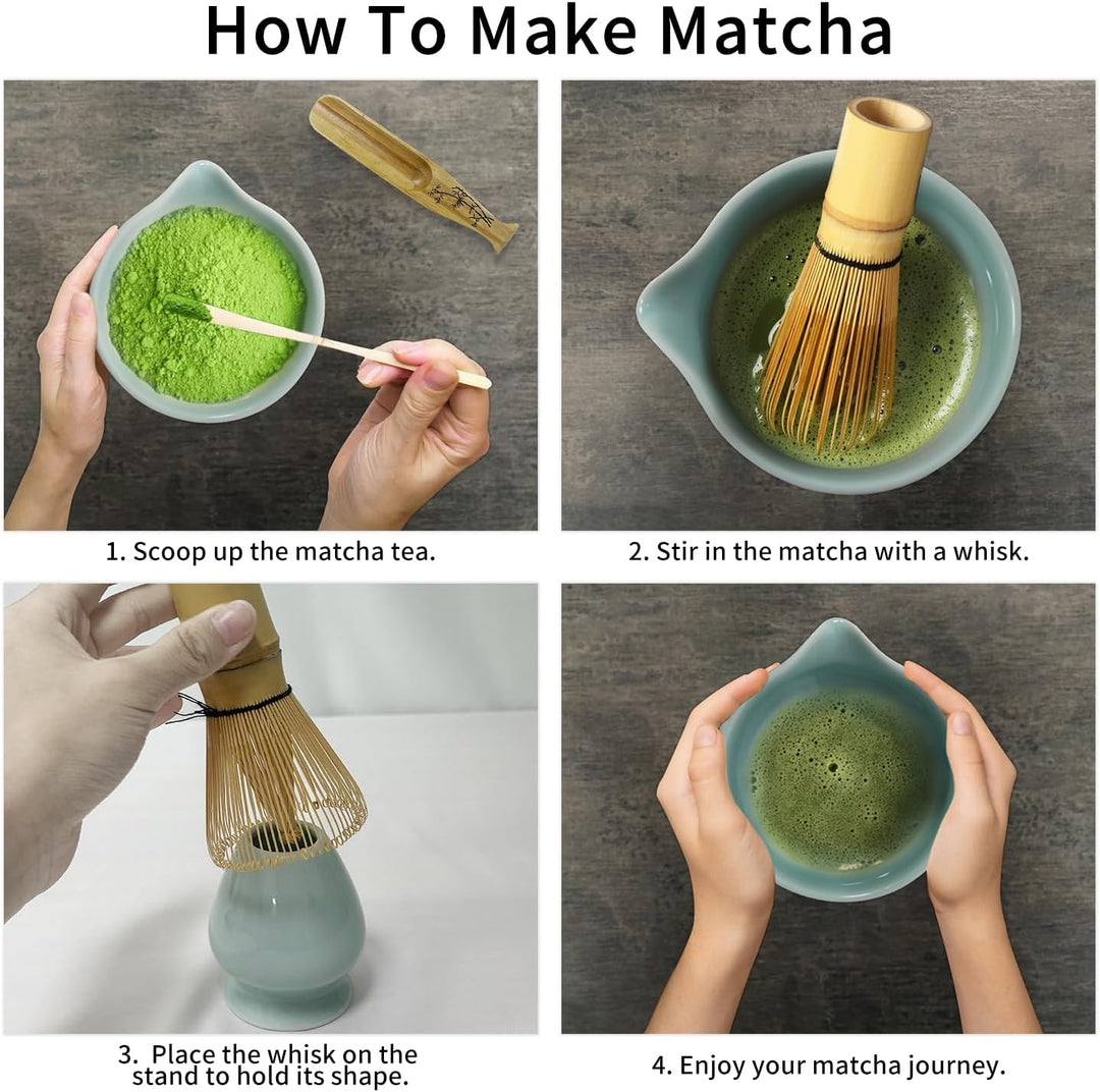 Matcha Tee Set – Matcha Besen Set mit Schneebesen, Besenhalter, Keramik Matcha-Schale, 2 Teelöffel –