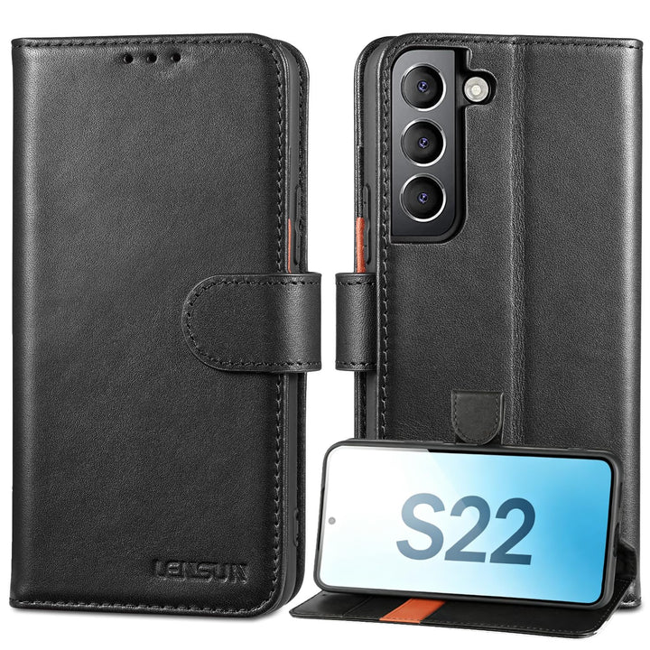 LENSUN Echtleder Hülle für Samsung Galaxy S22, Handyhülle [Echtes Leder] [Magnetverschluss] [RFID Sc