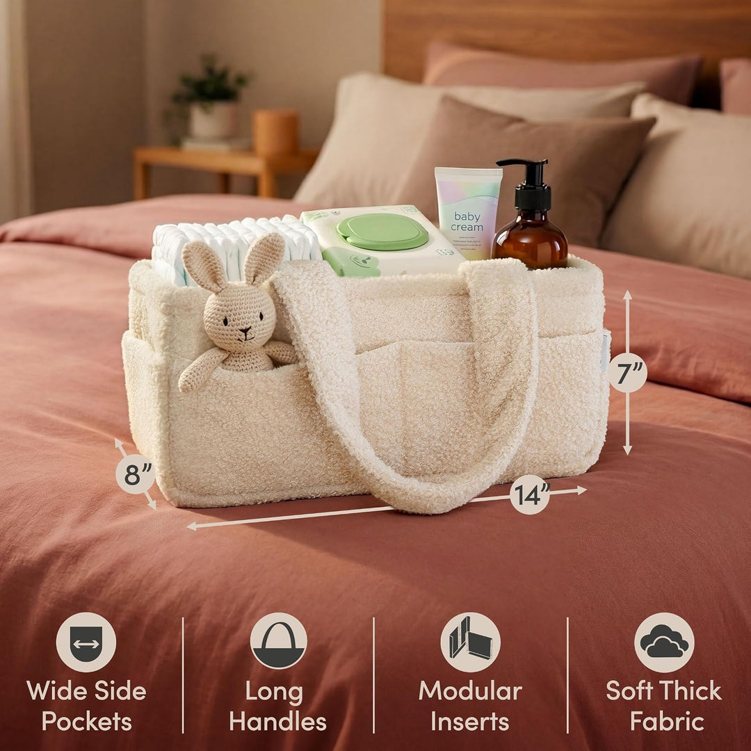 PUTSKA Fleece Nappy Caddy Organiser – Soft Teddy Fabric Baby Caddy with Handles, Portable Nursery St