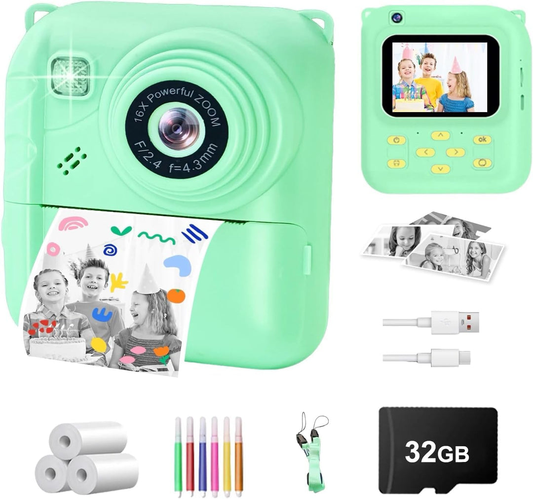 Sofortbildkamera Kinder, 1080P Digitalkamera mit 3 Druckrollen, 32GB Karte & Hülle, Kinderkamera mit
