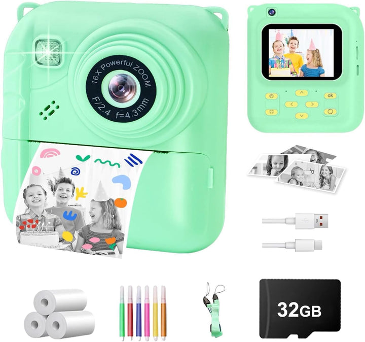 Sofortbildkamera Kinder, 1080P Digitalkamera mit 3 Druckrollen, 32GB Karte & Hülle, Kinderkamera mit
