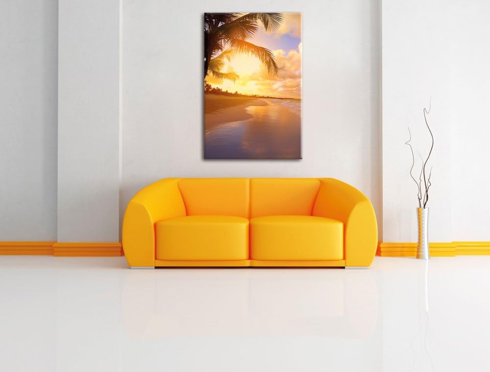 Pixxprint Strand Meer Sonnenuntergang Steine Sand, Format: 100x70 auf Leinwand, 100x70