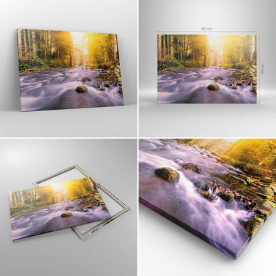 ARTTOR Bilder auf Leinwand 100x70cm Leinwandbild Herbst Wald Berg Fluss Gross Wanddeko Bild Schlafzi