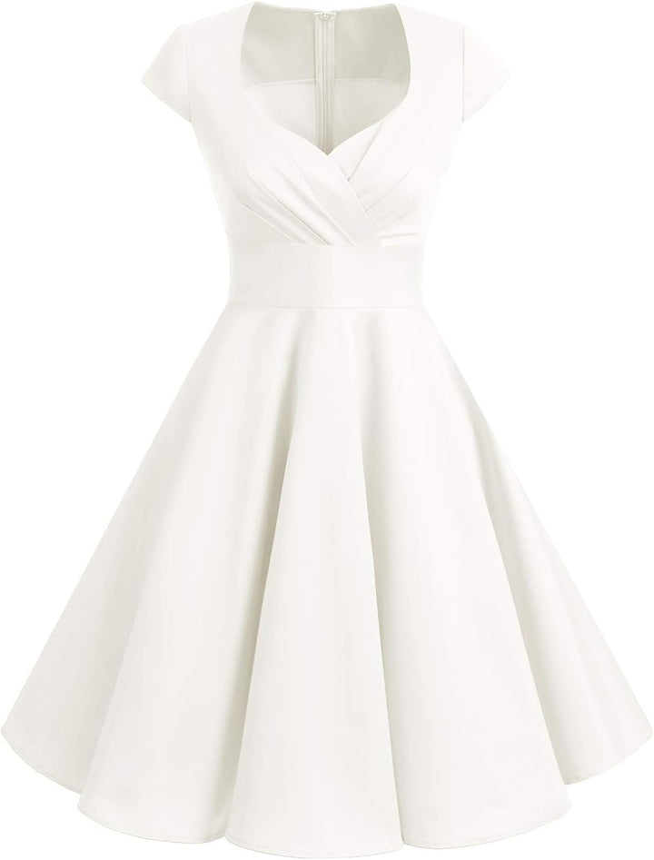 Bbonlinedress 1950er Vintage Retro Cocktailkleid Rockabilly V-Ausschnitt Faltenrock S White (Creme),