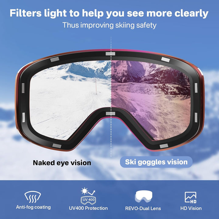 Inuito Skibrille, Snowboardbrille, OTG-Skibrille mit UV400-Schutz, Antibeschlag, Blendschutz, REVO-T
