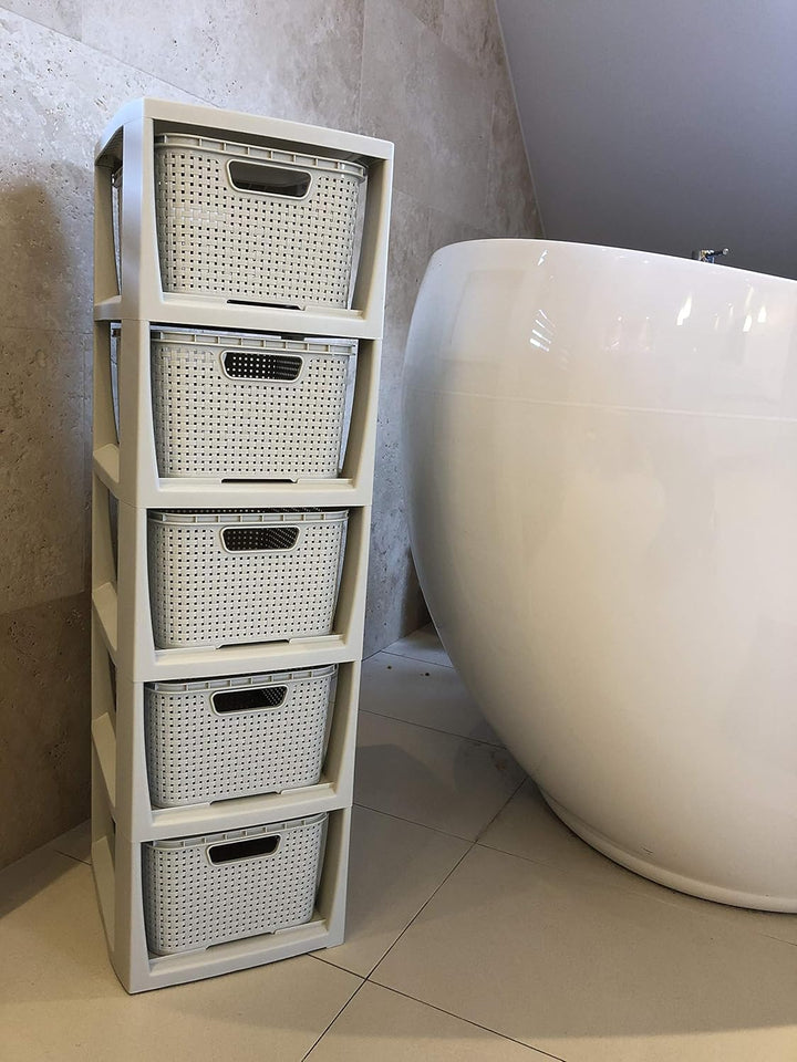 BranQ - Home essential Regal in Rattan Design, Creme, 5 Körben 5 Körben Creme, 5 Körben Creme
