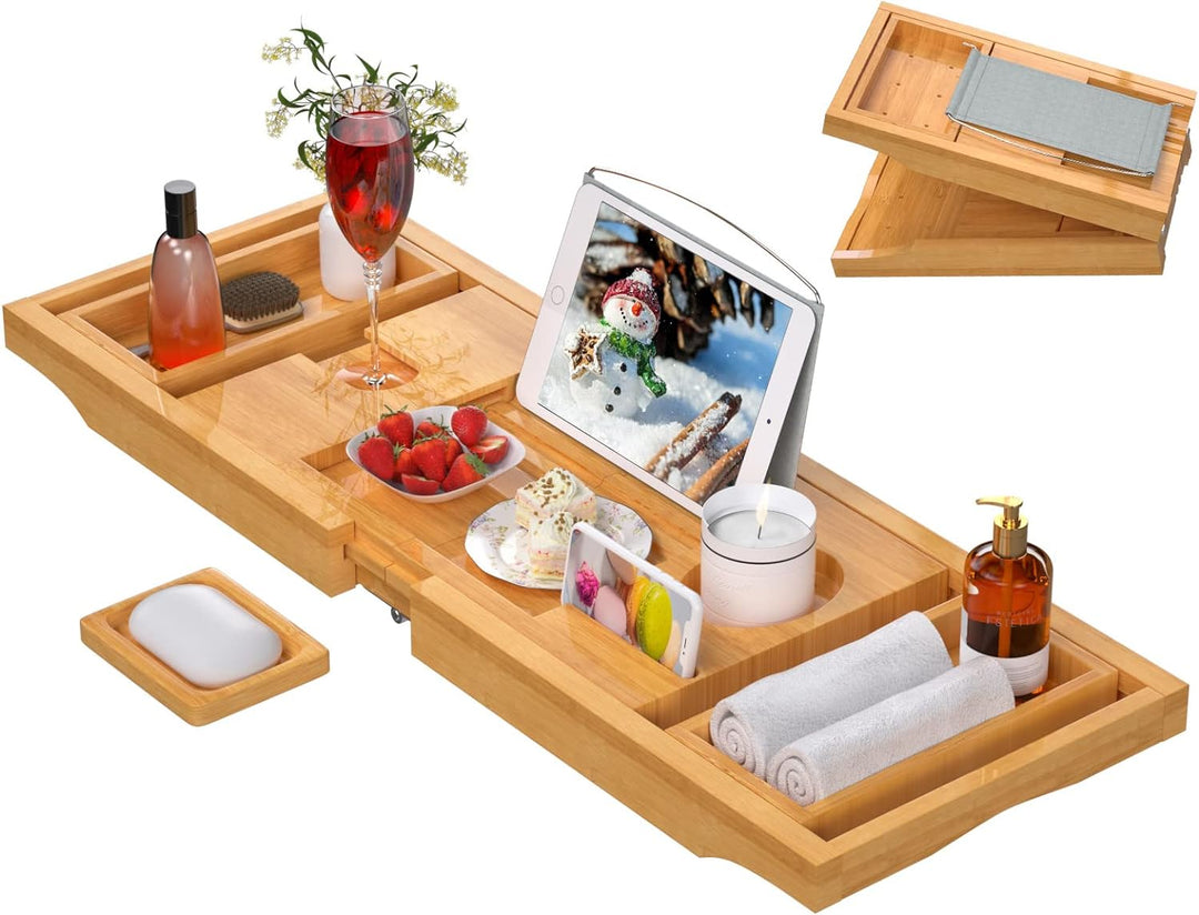 Badewannen-Caddy Tablett für Badewanne, faltbares Bambus-Badetisch-Tablett mit Buch und Weinglashalt