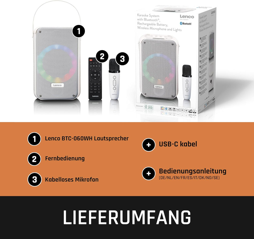 Lenco BTC-060 tragbare Karaoke-Maschine - Bluetooth 5.2-20 Watt RMS - 2 Lautsprecher - Mikrofon - Fe