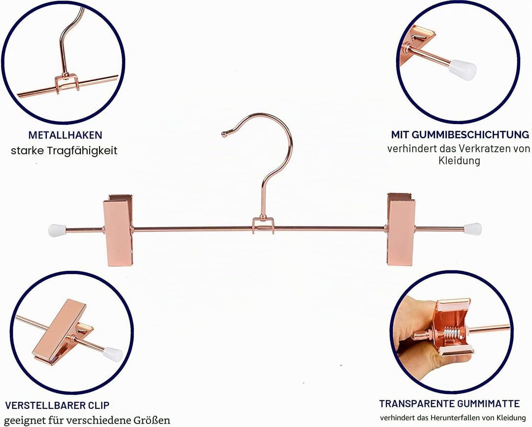 Amber Home 20 Stück 30cm Metall Kleiderbügel für Hose, Rotkupfer | Verstellbare Rutschfest Clips, Gl