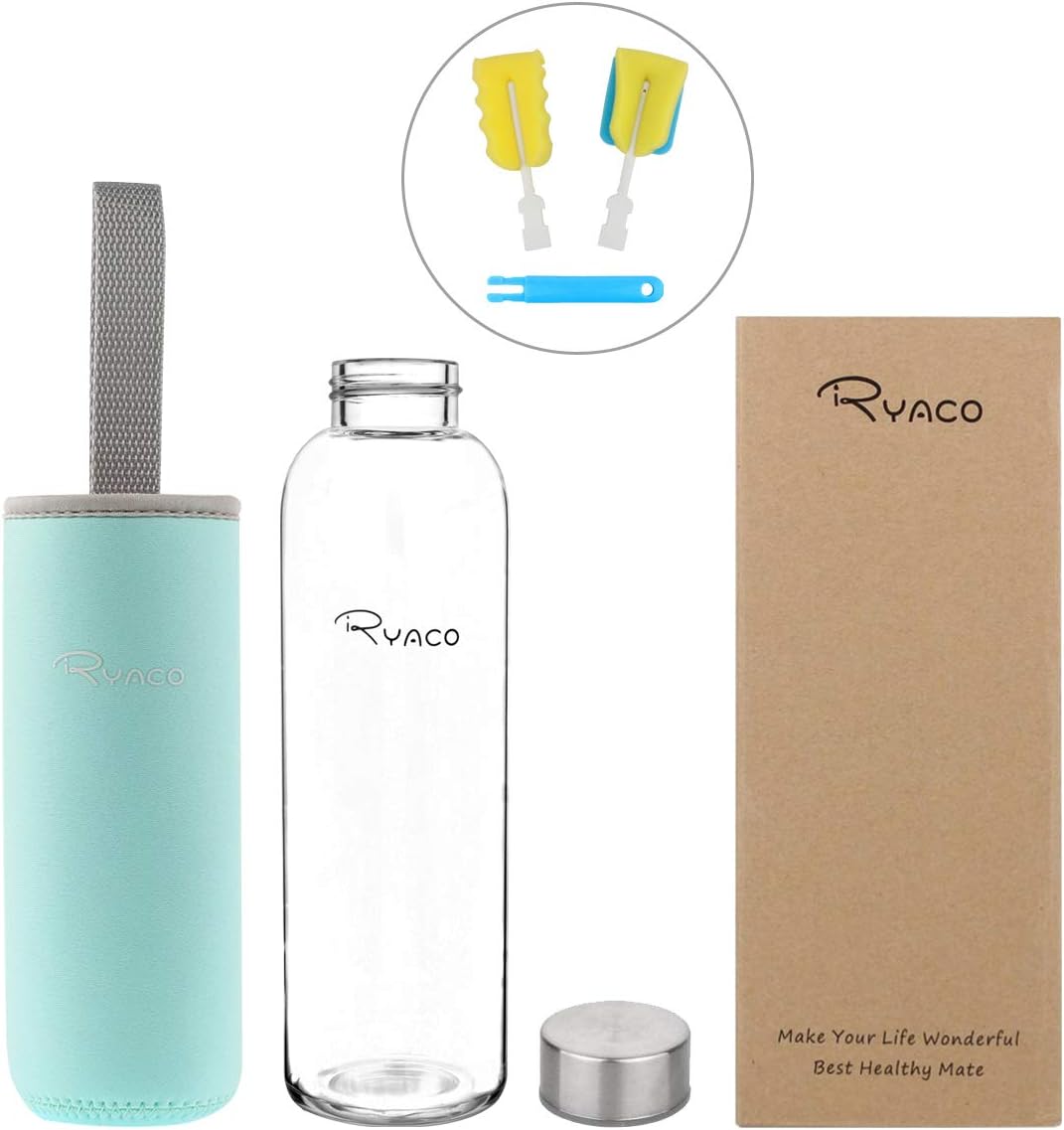 Ryaco Trinkflasche aus Glas 550ml/750ml/1000ml/1L,Glasflasche mit Neoprenhülle,Glastrinkflasche mit
