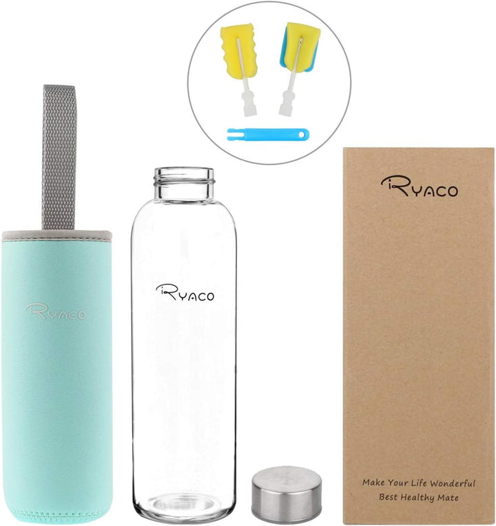 Ryaco Trinkflasche aus Glas 550ml/750ml/1000ml/1L,Glasflasche mit Neoprenhülle,Glastrinkflasche mit