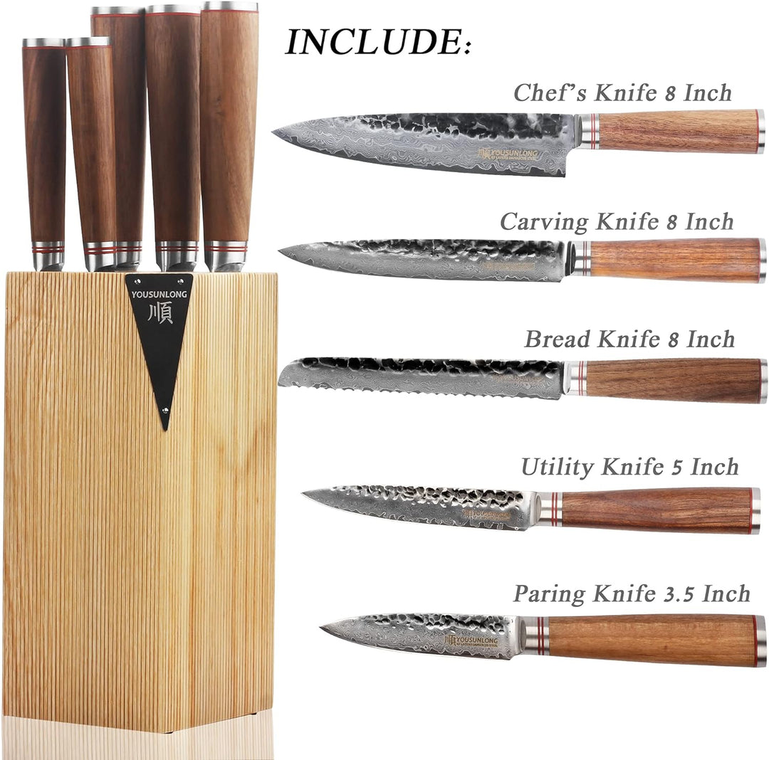 YOUSUNLONG Küchenmesser-Set - 5-teilig - mit amerikanischem Fraxinus-Holzhalter - japanische VG10-Da