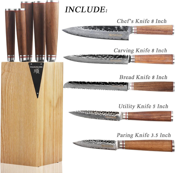 YOUSUNLONG Küchenmesser-Set - 5-teilig - mit amerikanischem Fraxinus-Holzhalter - japanische VG10-Da