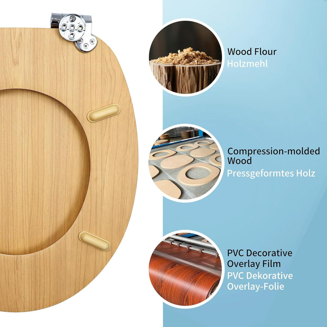WC-Sitz mit Absenkautomatik, Toilettendeckel aus stabilem MDF-Holzkern, Verstellbare Scharniere aus