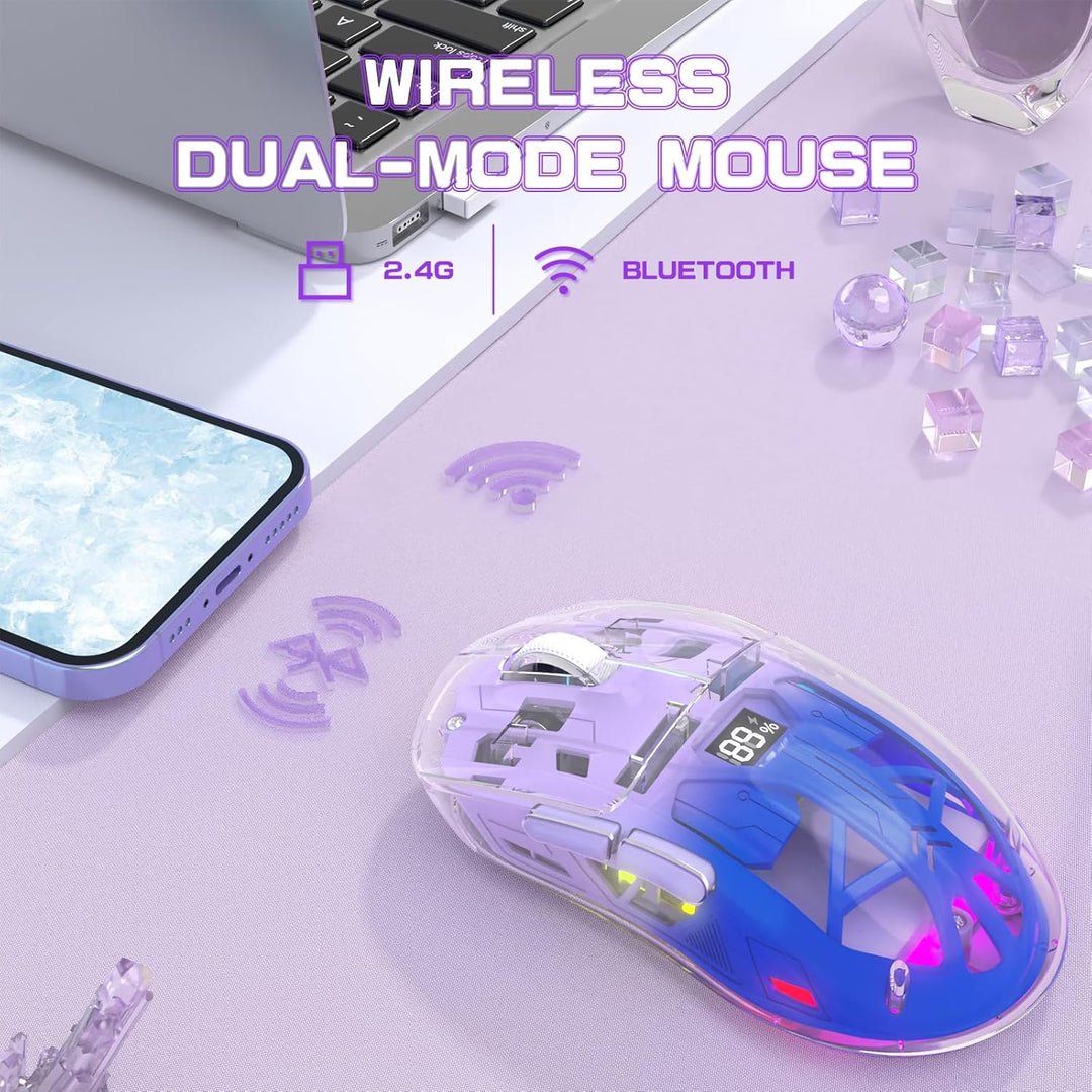 ZIYOU LANG x FREEWOLF Kabellose Gaming Maus, PixArt PAW3212 Dual Mode 2.4G/Bluetooth Transparente RG
