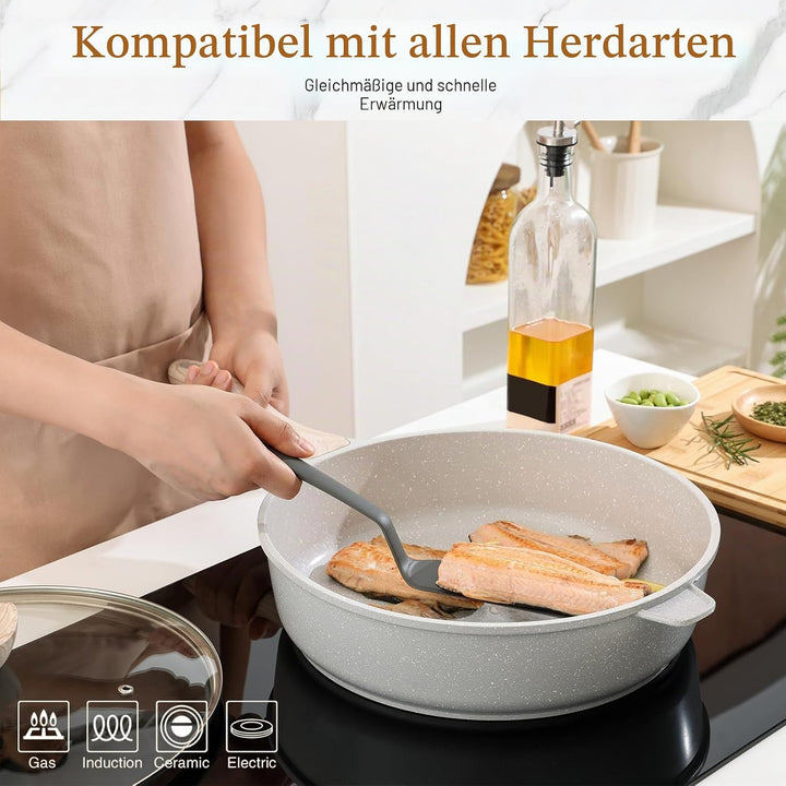 Kordisen Keramik Bratpfanne 28 cm Induktion, Antihaft Tiefe pfanne mit Deckel, Gesunde Stein Kochges