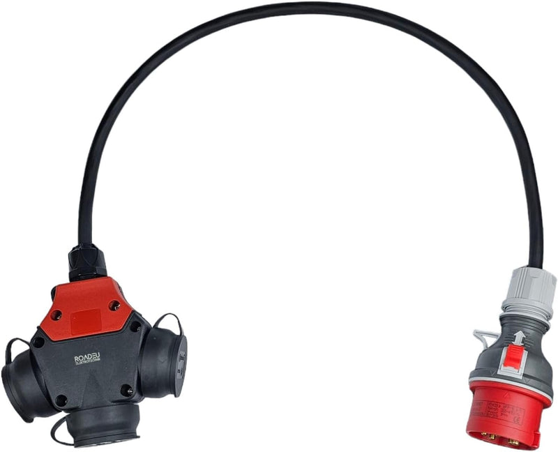 RoadEu CEE Starkstrom Adapter, CEE Stecker 32A, 380V auf 220V Adapter, 3X 220V Schuko Kupplung, 5x2,