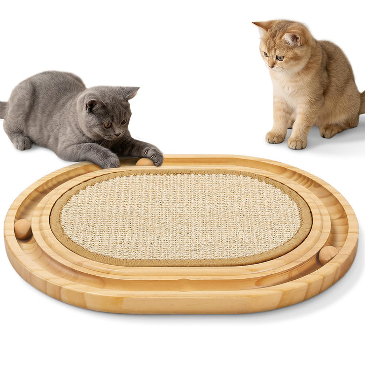 Gimars Interaktives Sisal Kratzbrett Katzen Oval, Holz-Kugelbahn mit 3 Rollbällen, rutschfeste Sisal