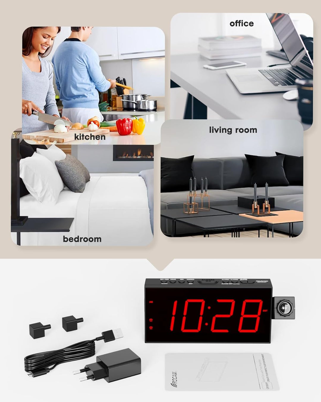 Projektionswecker für Schlafzimmer, digitaler wecker mit grosser 7" LED-Anzeige, Dimmer, 350° Projek
