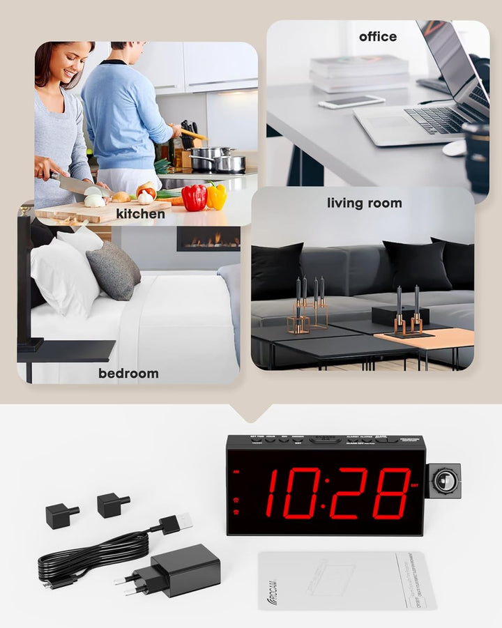Projektionswecker für Schlafzimmer, digitaler wecker mit grosser 7" LED-Anzeige, Dimmer, 350° Projek