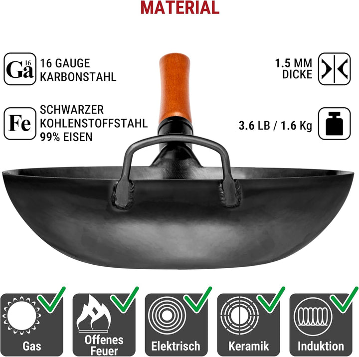 YOSUKATA Karbonstahl Woks &amp; Wokpfannen - 34 cm Voreingebrannter Wok Pfanne Karbonstahl Flacher Boden
