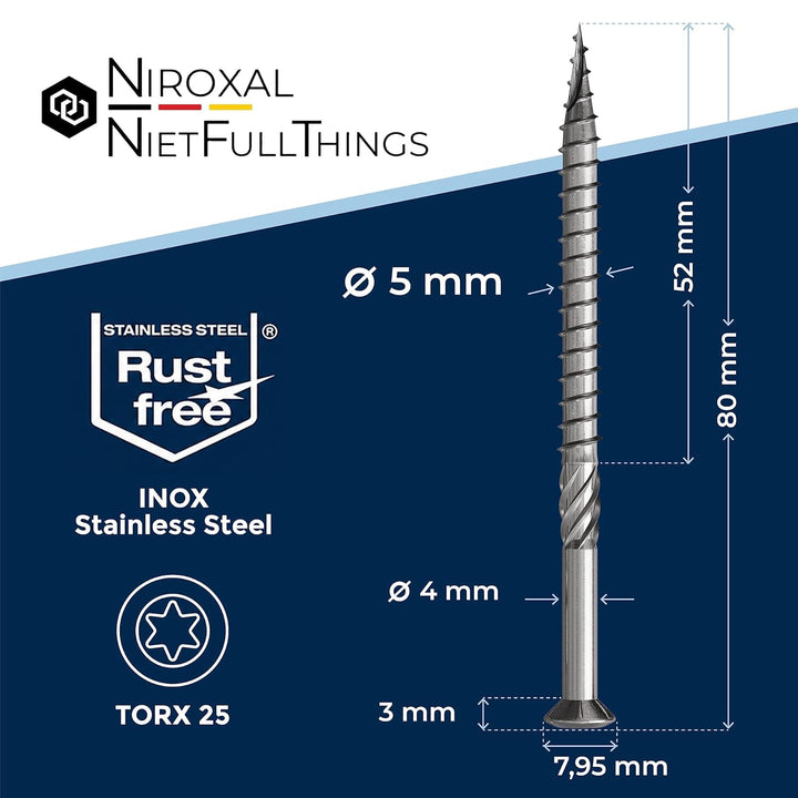 Terrassenschrauben 5x80 Edelstahl A2 Linsenkopfschrauben Torx Schrauben 5mm stark 250 Stück Holzschr