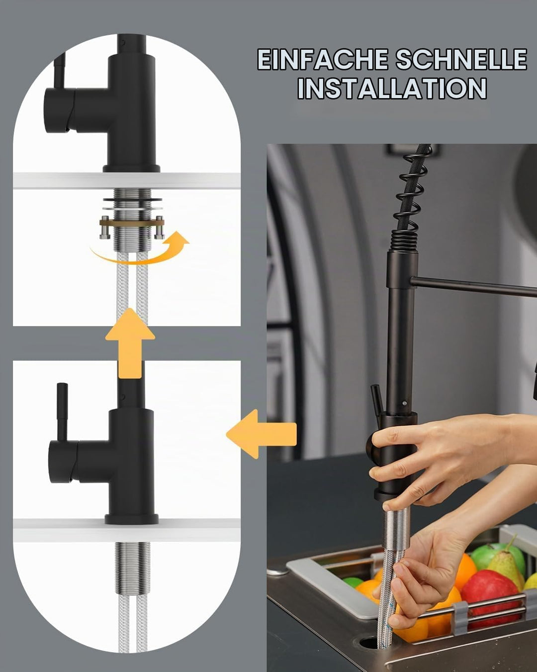 APPASO Wasserhahn Küche Schwarz, Hochdruck Küchenarmatur mit Brause, Mischbatterie Küche mit 3 Strah