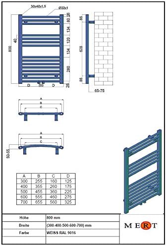 Badheizkörper Handtuchheizkörper mit Mittelanschluss weiss gerade 300x800 mm Stahl 30x80, Stahl 30x8