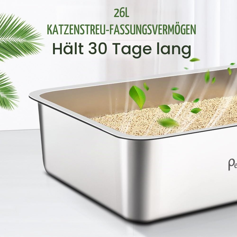 Katzentoilette aus Edelstahl: Extra grosse Metall-Liter-Box – leicht zu reinigende hohe Seite Katzen