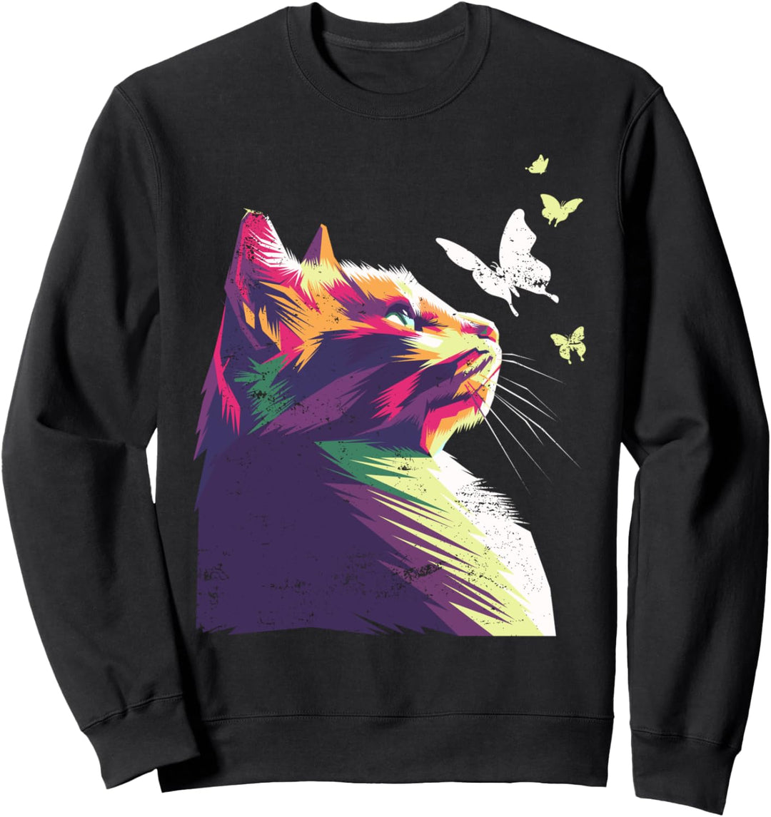 Schöne bunte Katze mit Schmetterlingen, lila Sweatshirt