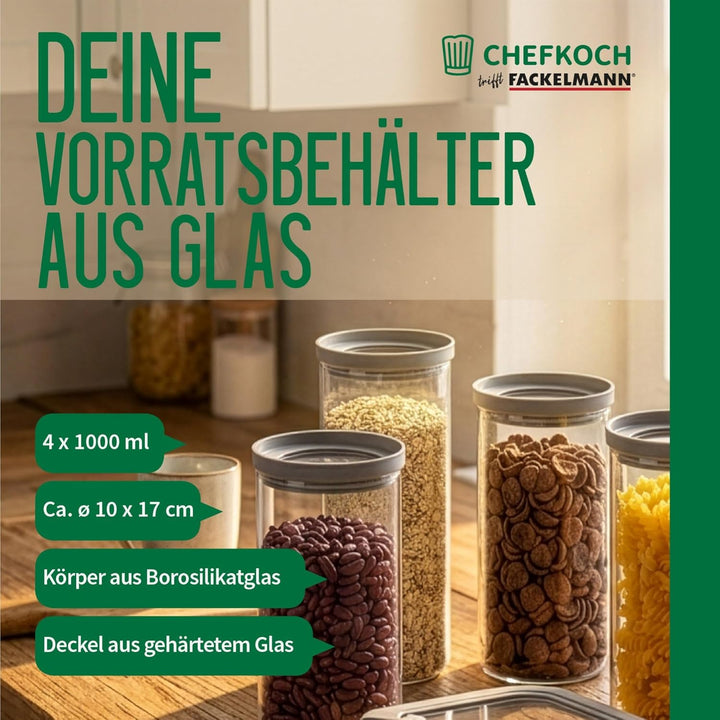 FACKELMANN Chefkoch trifft 4er Set Vorratsbehälter mit Glasdeckel – 1 L, Borosilikatglas, luftdicht