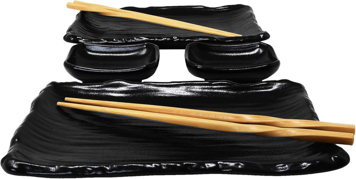 8-tlg. Sushi Geschirr Set für 2 Personen schwarz - Sushi Servierset mit 2x Sushiteller, Dip-Schälche