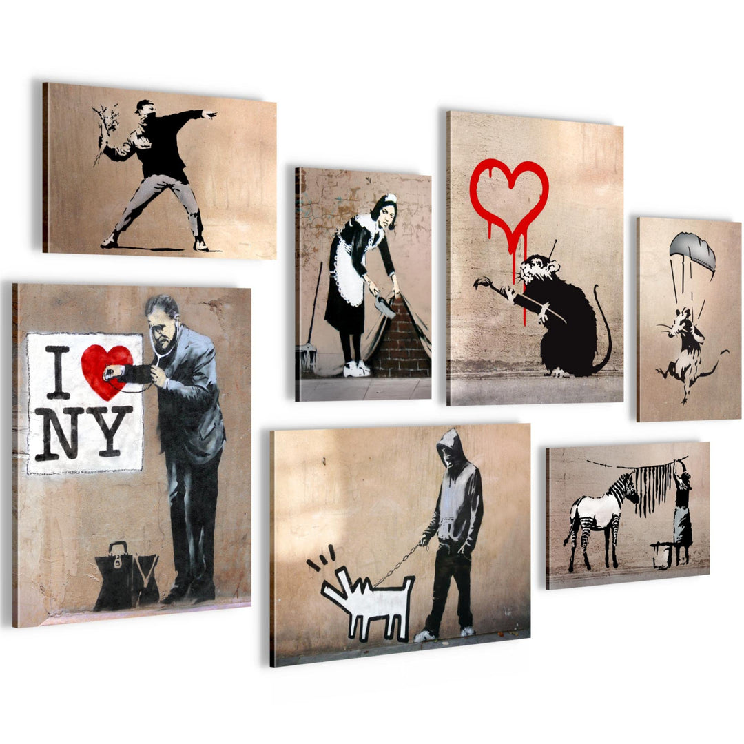 Novart Wandbilder Banksy Collage - KOMPLETT AUFHÄNGFERTIG - Street Art Beige Wohnzimmer Büro - 7 Mod