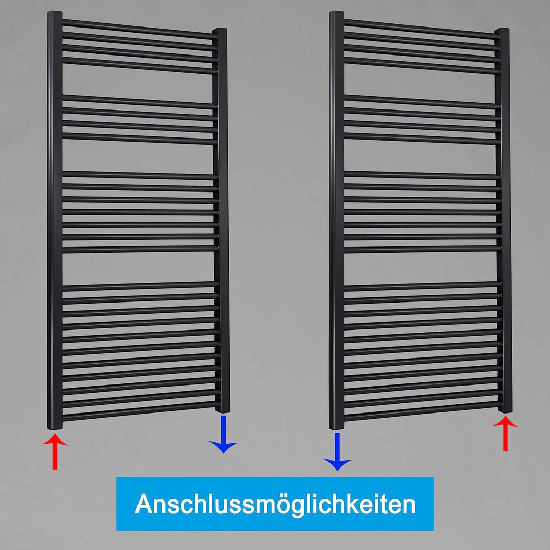 Heizkörper Badheizkörper Handtuchwärmer mit Seitenanschluss unten schwarz (1424 x 750 mm) (866 Watt