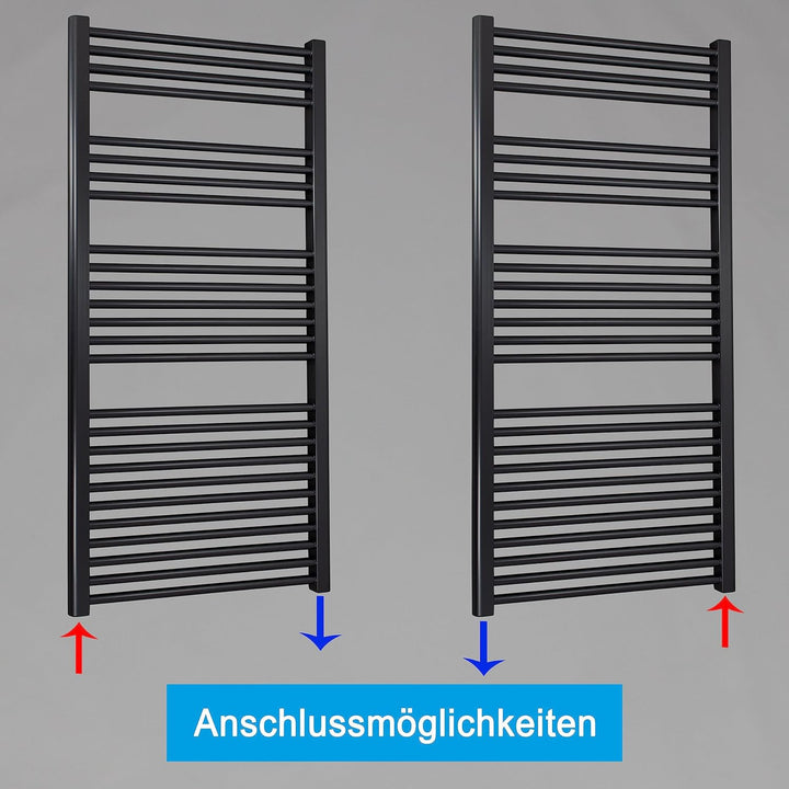 Heizkörper Badheizkörper Handtuchwärmer mit Seitenanschluss unten schwarz (1424 x 750 mm) (866 Watt